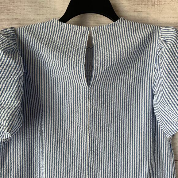 Zara Blue White Striped Blouse Sheer Floral Cutout Details Puff Sleeves Size S - Picture 6 of 16